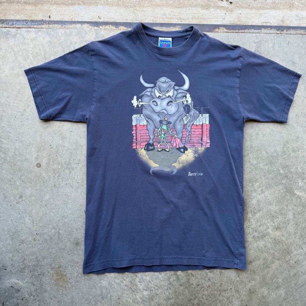 Vintage Safon Barcelona Bullfighting Graphic T-Shirt Navy Blue Large Cotton